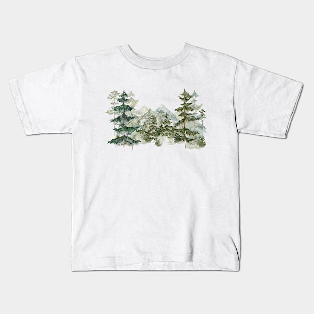 Watercolor Pine Forest and mountain Aesthetic Graphic Kids T-Shirt by the nature buff